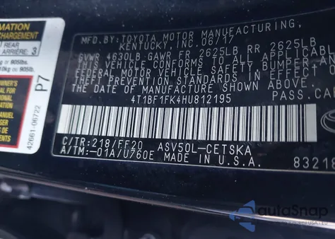 2017 Toyota Camry Se z USA, uszkodzony, nr VIN 4T1BF1FK4HU812195